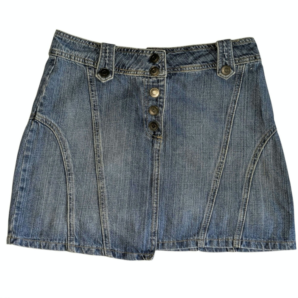 VTG Papaya Y2K Denim Mini Skirt Size 10 Button Front Paneled Asymmetric Grunge